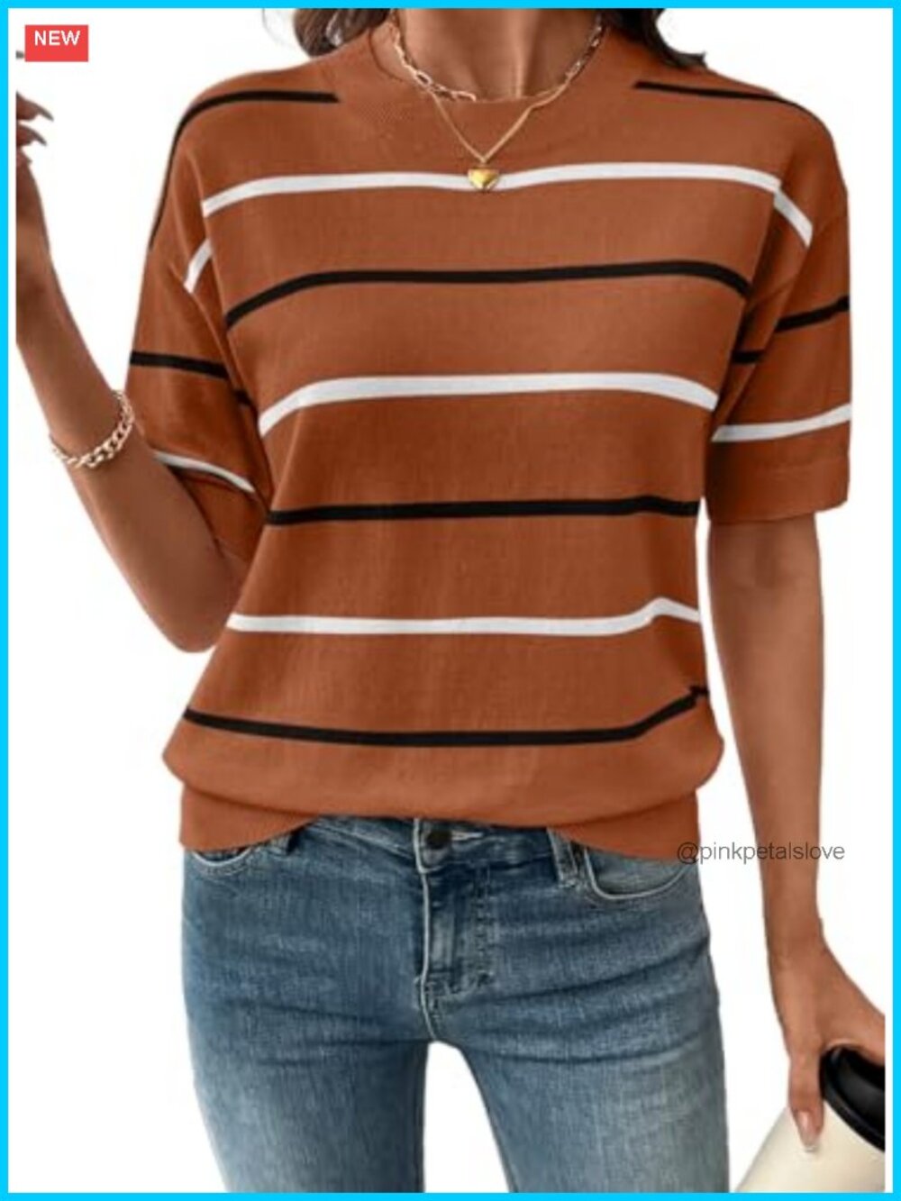 Women's Short Sleeve Crewneck Striped Knit Sweater Pullover